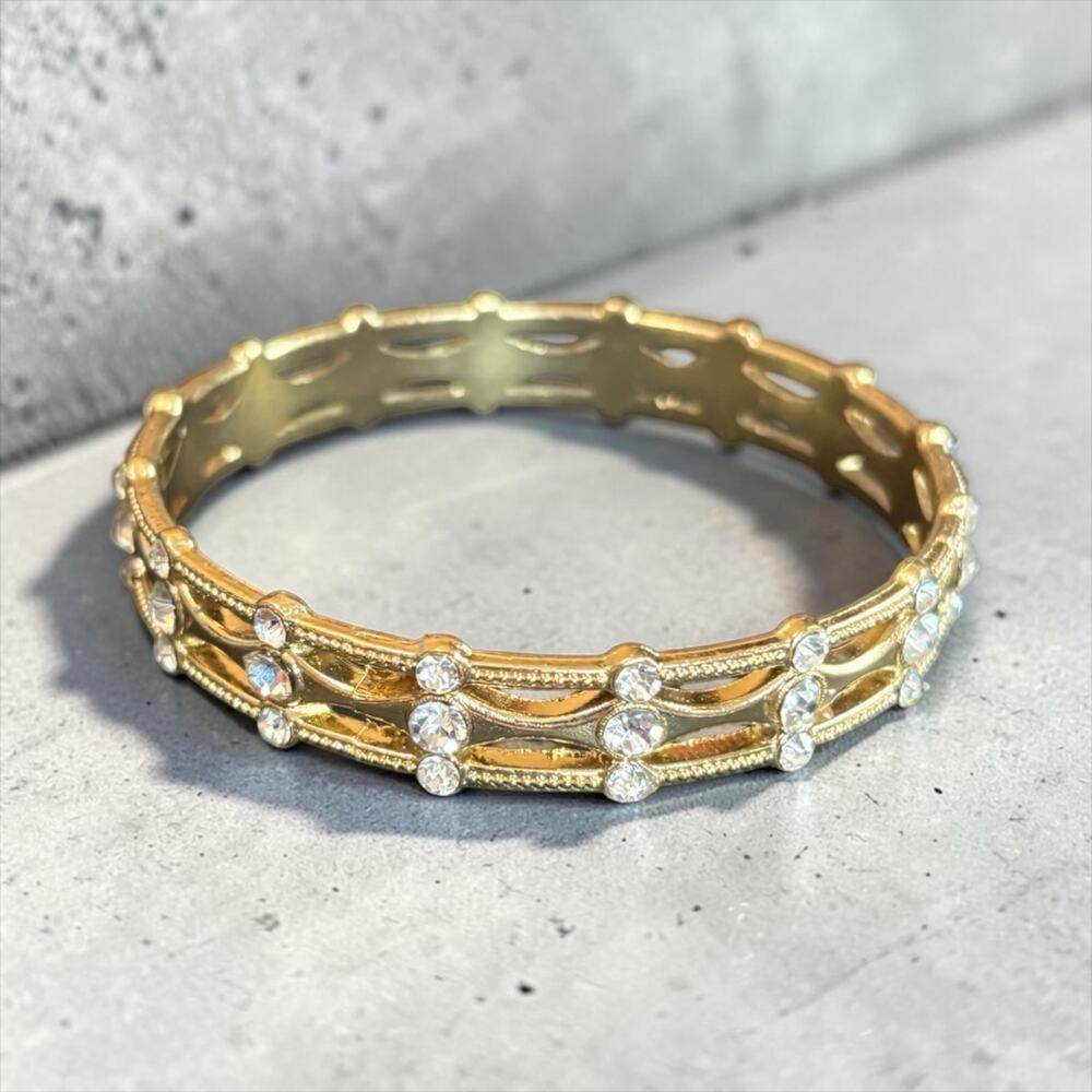 Rhinestone Crown Bangle Gold Tone Bracelet Princess Glam